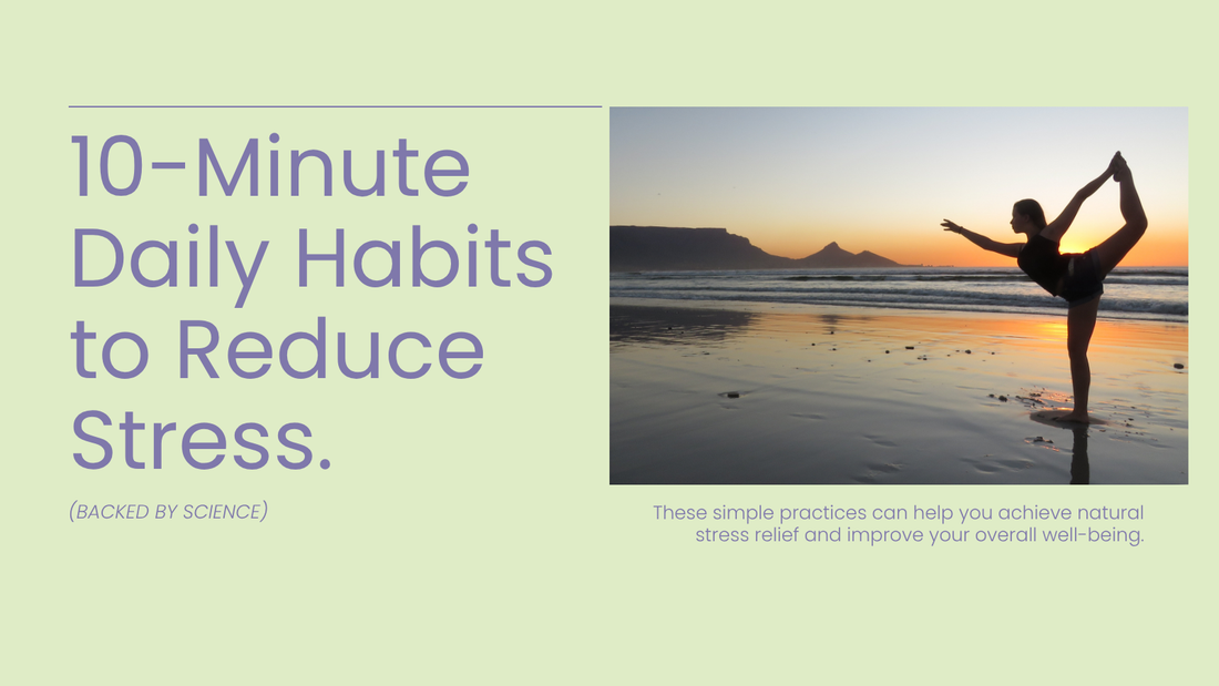 10-minute daily habits to reduce stress image with woman doing yoga at sunrise on beach – functional wellness, mindfulness, and stress relief concept.