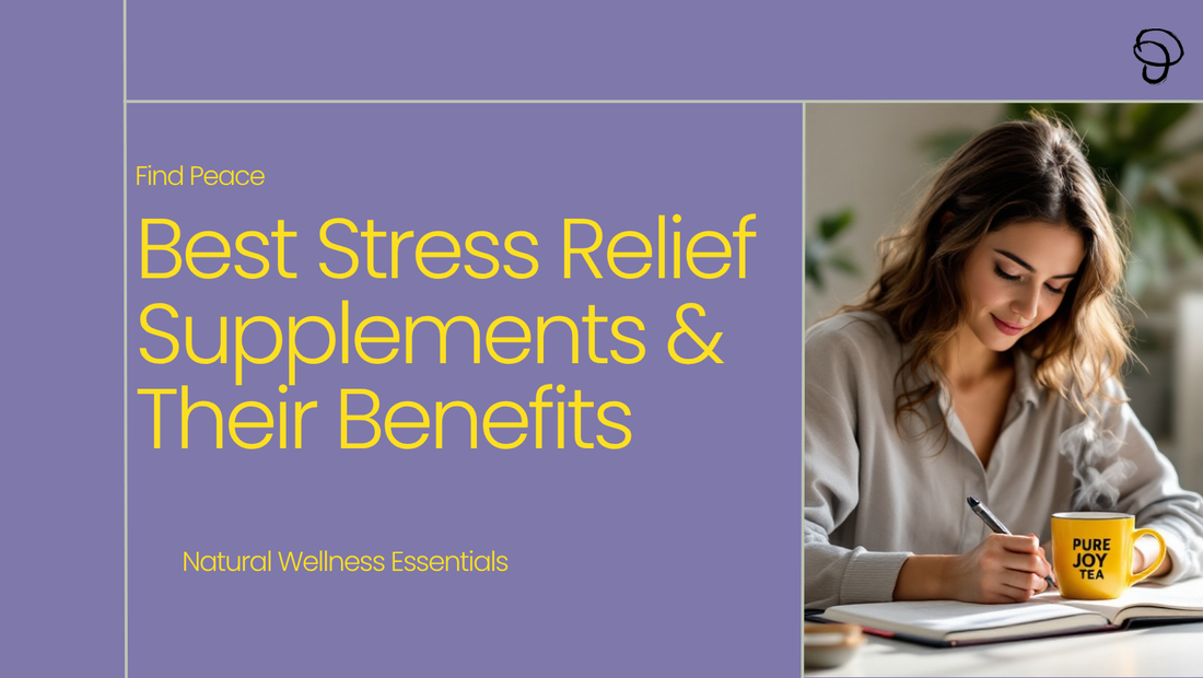 Calm woman enjoying tea and learning about PURE JOY Mushrooms’ guide to the best stress relief supplements including Reishi and Lion’s Mane.