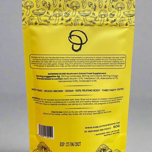 Yellow pouch of mushroom powder with mushroom illustrations and text on a grey background