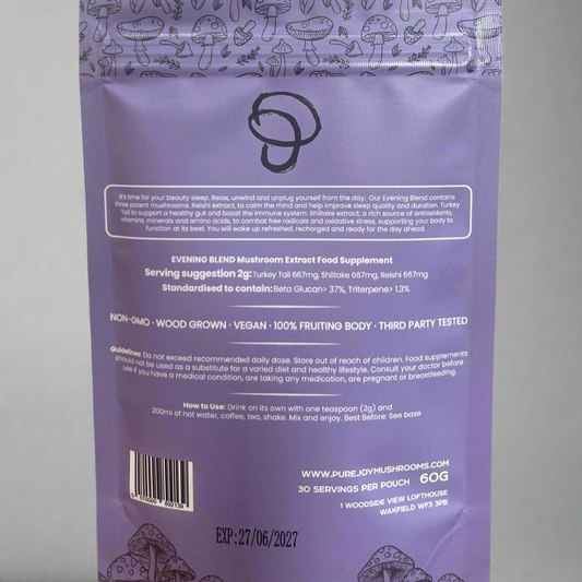 Purple packaging with mushroom illustrations and details of ingredients and guidelines text on a grey background