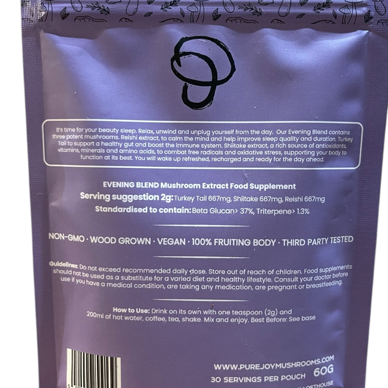 Purple package with white text of ingredients guidelines and a barcode on a white background