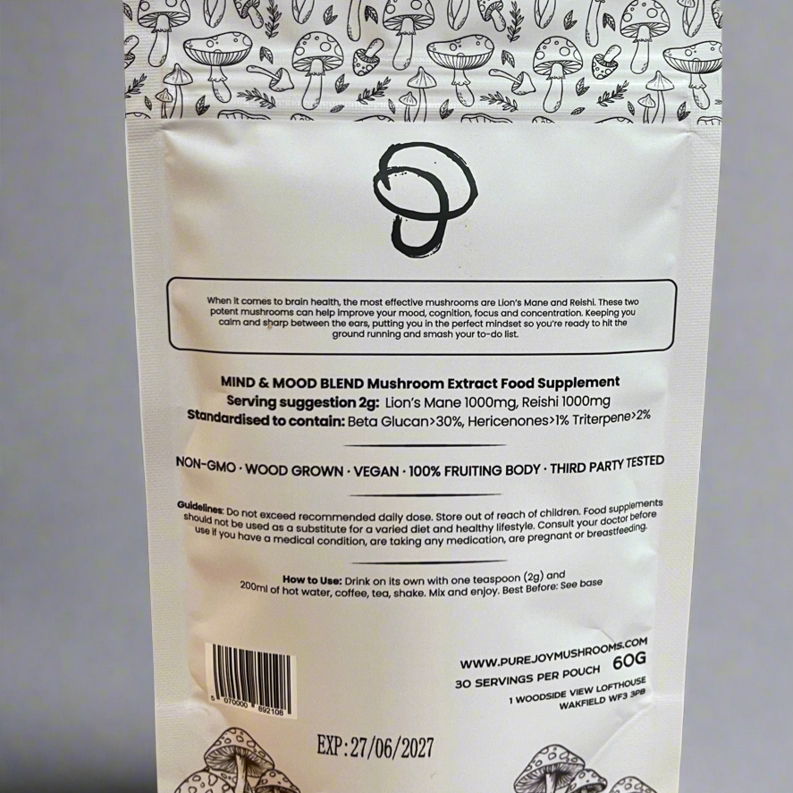 Pure Joy Mind & Mood Mushroom extract powder supplement package with mushroom illustrations on a grey background