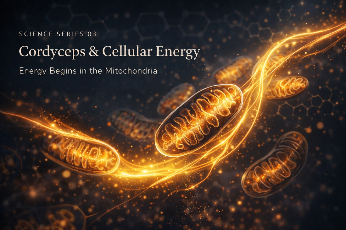 Illuminated mitochondria with flowing golden energy strands representing ATP production and cellular energy in Science Series 03 by PURE JOY Mushrooms.