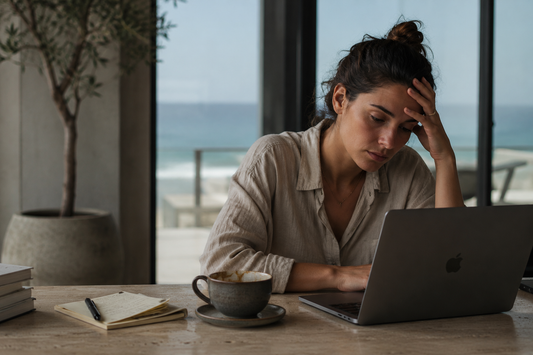 Professional woman experiencing brain fog, poor focus and mental fatigue while working at a laptop.