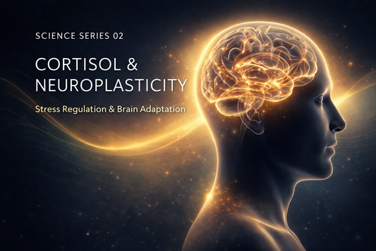 Glowing human brain with illuminated neural networks representing cortisol regulation, stress response and neuroplasticity in Science Series 02 by PURE JOY Mushrooms.