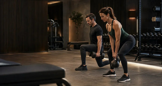 Fit couple aged 35–45 strength training together in a moody luxury gym as part of a healthy-ageing lifestyle.