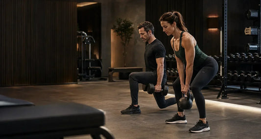 Fit couple aged 35–45 strength training together in a moody luxury gym as part of a healthy-ageing lifestyle.