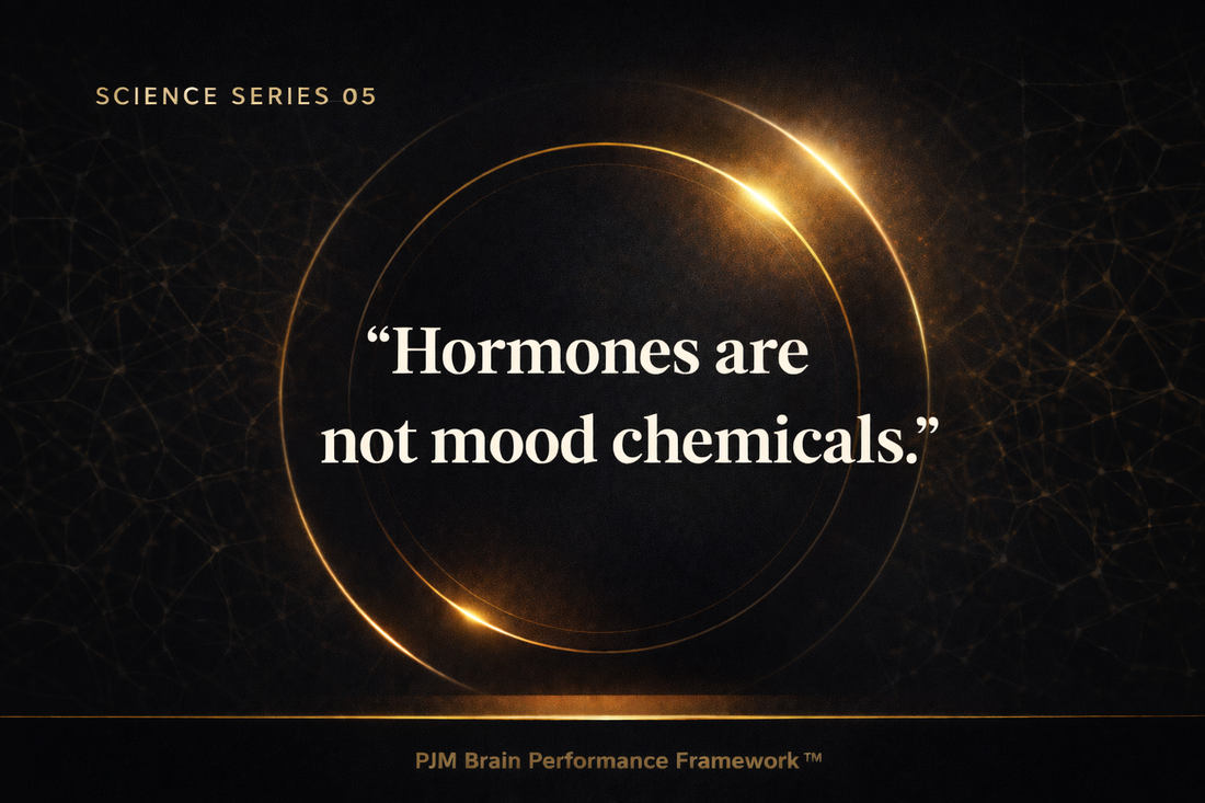 Science Series 05 banner from the PJM Brain Performance Framework™ featuring the statement “Hormones are not mood chemicals” on a dark charcoal background with subtle gold neural network lines and concentric glowing rings.