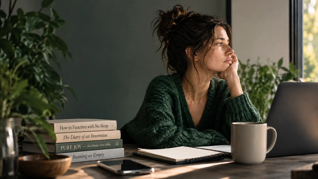Woman sitting quietly on the edge of her bed after a busy day, illustrating mental overload, tiredness and the need to switch off.