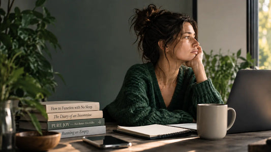 Woman sitting quietly on the edge of her bed after a busy day, illustrating mental overload, tiredness and the need to switch off.