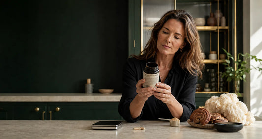 Woman reading a mushroom supplement label beside capsules, extract powder, Lion’s Mane and Reishi mushrooms.
