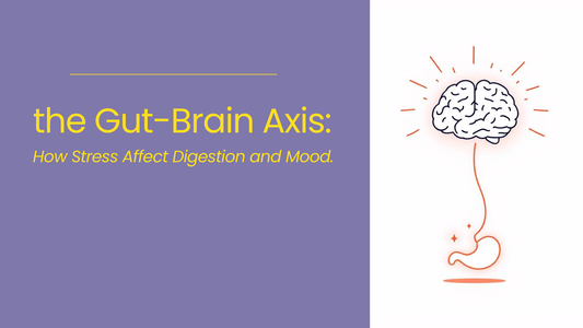 Hero image with a blue title box reading “The Gut–Brain Axis: How Stress Affects Digestion and Mood,” next to a simple line-art illustration of a brain connected to the stomach with a glowing line.