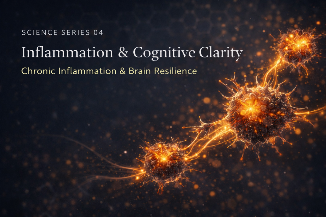 Abstract glowing immune signalling and neural pathways representing neuroinflammation and cognitive clarity in Science Series 04 by PURE JOY Mushrooms.