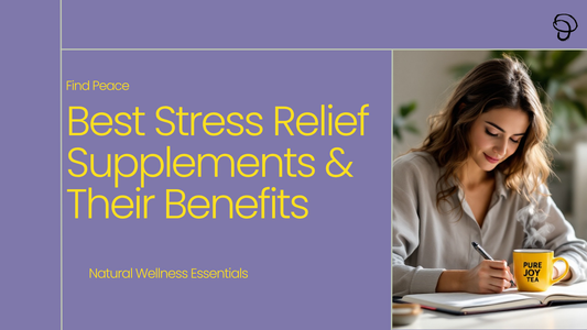 Calm woman enjoying tea and learning about PURE JOY Mushrooms’ guide to the best stress relief supplements including Reishi and Lion’s Mane.