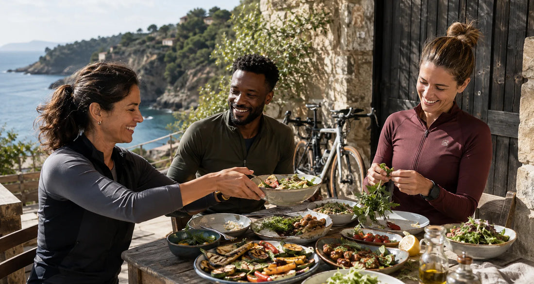 Three active friends sharing a colourful Mediterranean lunch after cycling on the Italian coast
