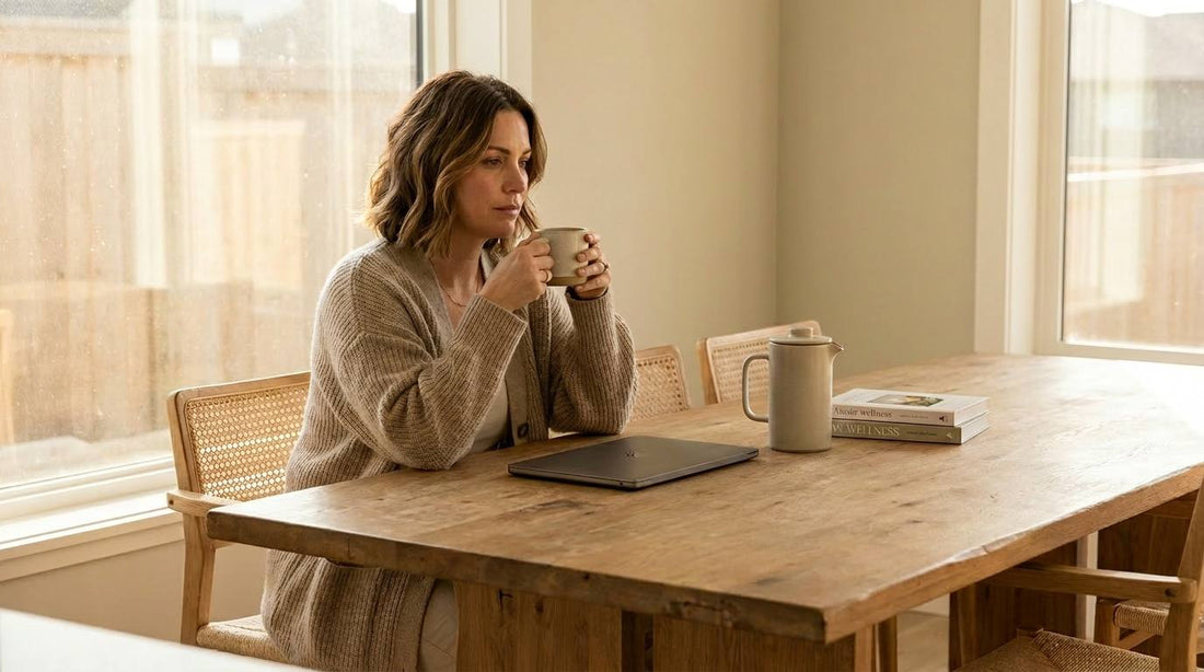 Woman sitting quietly with a warm drink in a sunlit room, reflecting calmly during a morning wellness ritual focused on balance, mindfulness and mental wellbeing.