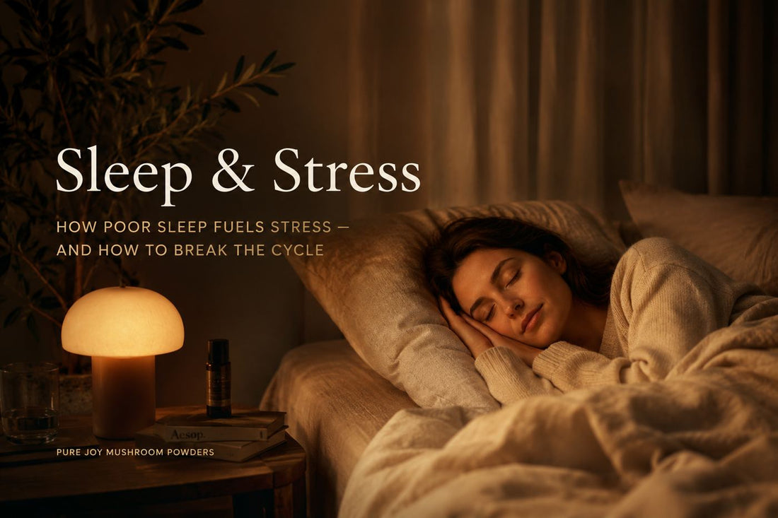 Woman sleeping peacefully in a warm bedroom at night, illustrating the connection between sleep, stress, recovery and wellbeing.