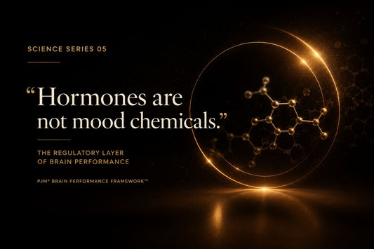 Premium science-themed hero banner featuring the quote “Hormones are not mood chemicals” with a glowing molecular structure and gold accents, illustrating the role of hormones in brain performance and cognitive resilience.