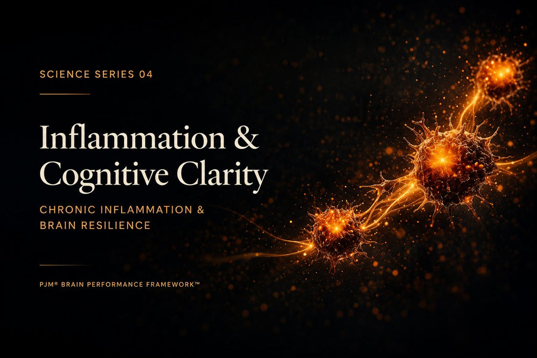 Science Series 04 hero banner featuring glowing inflammatory signalling pathways and immune cells, illustrating the relationship between chronic inflammation, brain resilience and cognitive clarity.