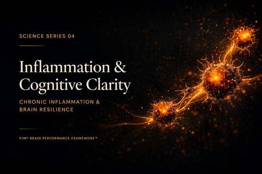 Science Series 04 hero banner featuring glowing inflammatory signalling pathways and immune cells, illustrating the relationship between chronic inflammation, brain resilience and cognitive clarity.