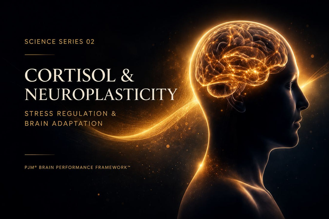 Science Series 02 hero banner featuring an illuminated human brain and neural pathways, exploring the relationship between cortisol, neuroplasticity, stress regulation and brain adaptation.