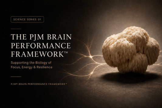 Science Series 01 hero banner featuring Lion’s Mane mushroom and neural network imagery, introducing the PJM Brain Performance Framework™ and the biological foundations of focus, energy and resilience.