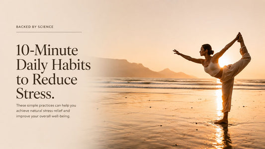 person practicing yoga on a beach at sunset with text about daily habits to reduce stress