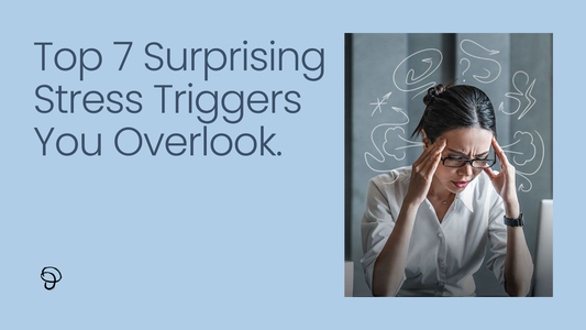 Slide with the title ‘Top 7 Surprising Stress Triggers You Overlook’ and an image of a woman looking stressed with doodle lines above her head.