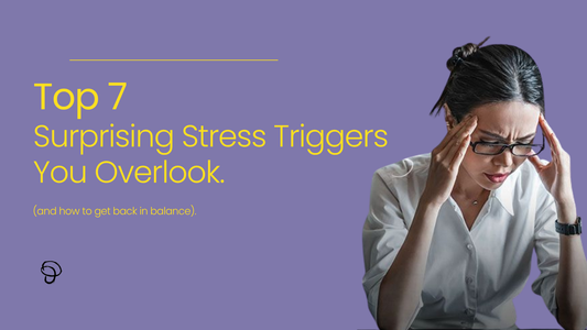 “Stressed woman holding her head beside text ‘Top 7 Surprising Stress Triggers You Overlook’. Highlights hidden causes of stress.”