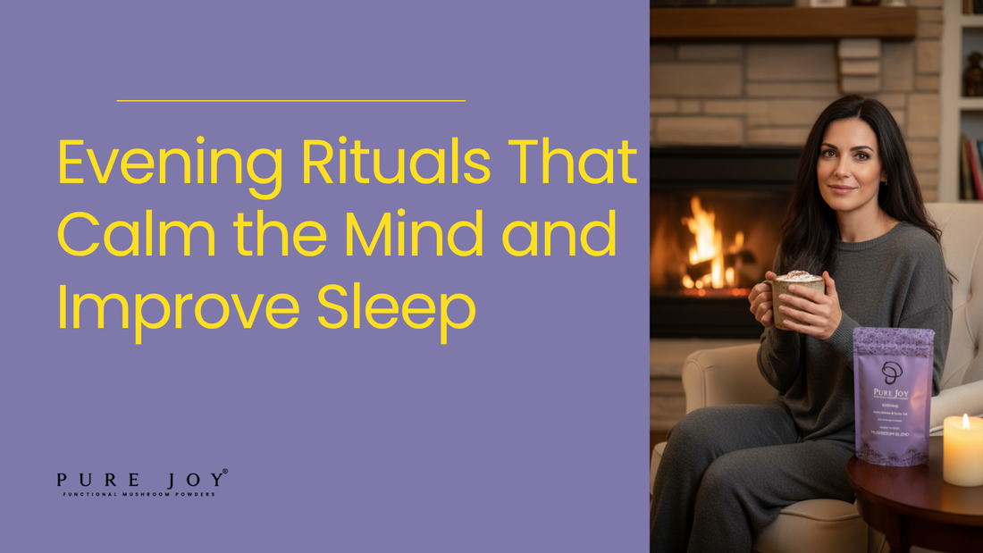 Italian woman with long dark hair relaxing by the fire, holding a mug of hot chocolate beside a purple pouch of PURE JOY Mushrooms Evening Blend.