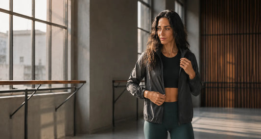 Athletic Italian woman calmly transitioning into recovery after movement training in a modern studio