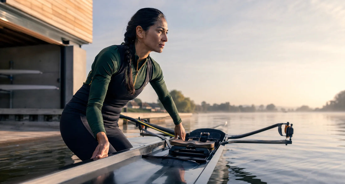 Female rower preparing a single scull for an early-morning training session