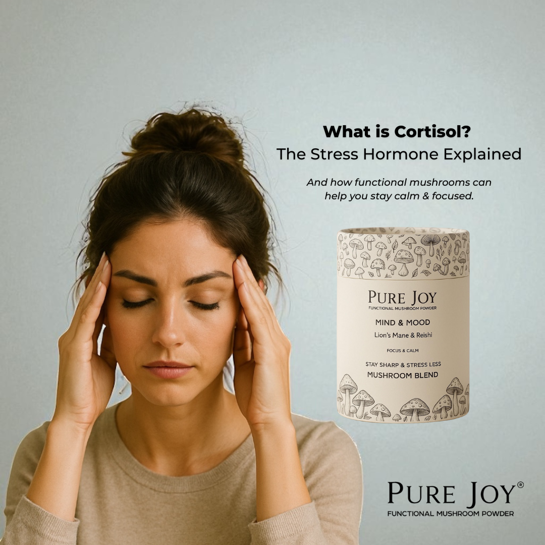 Stressed woman finding calm with natural stress relief — Reishi, Lion’s Mane, and functional mushrooms UK for lowering cortisol naturally.