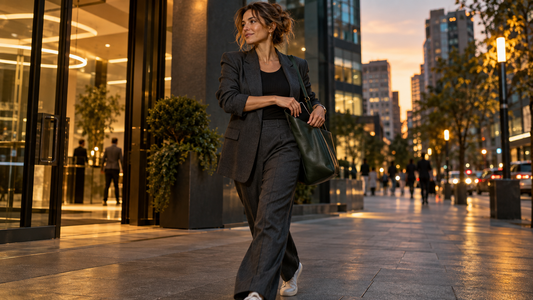 A woman puts her phone away while walking past a city office at dusk.