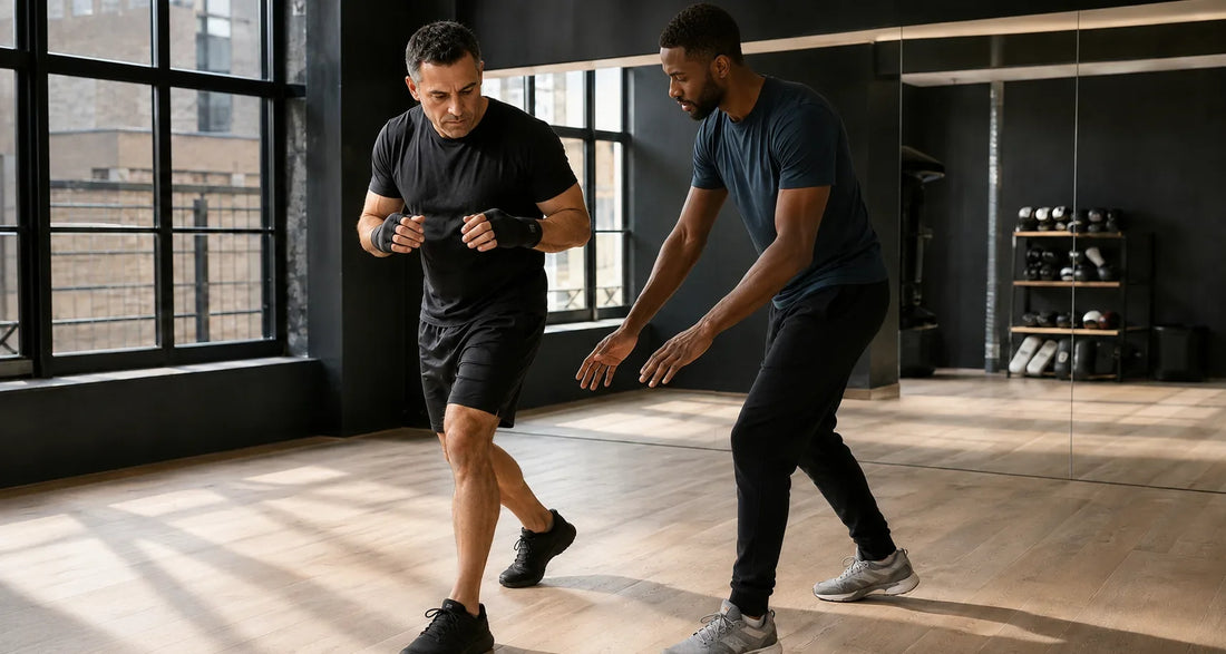 Athletic man learning a new boxing footwork sequence with a coach as an example of neuroplasticity and skill development