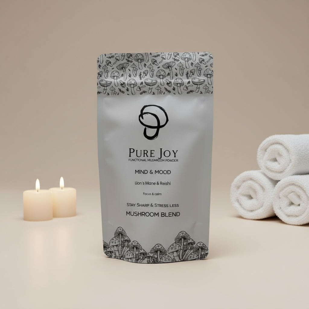 Package of Pure Joy Mind & Mood mushroom powder with candles and towels on a beige background
