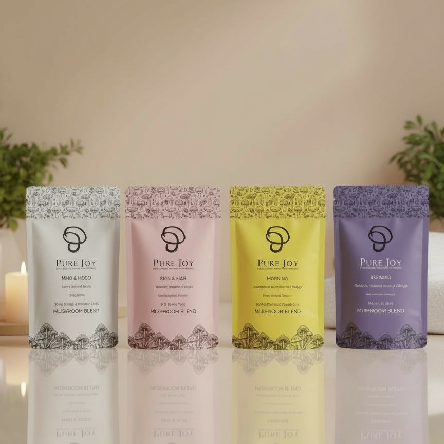 Four 'Pure Joy' product packages on a reflective surface with a neutral background