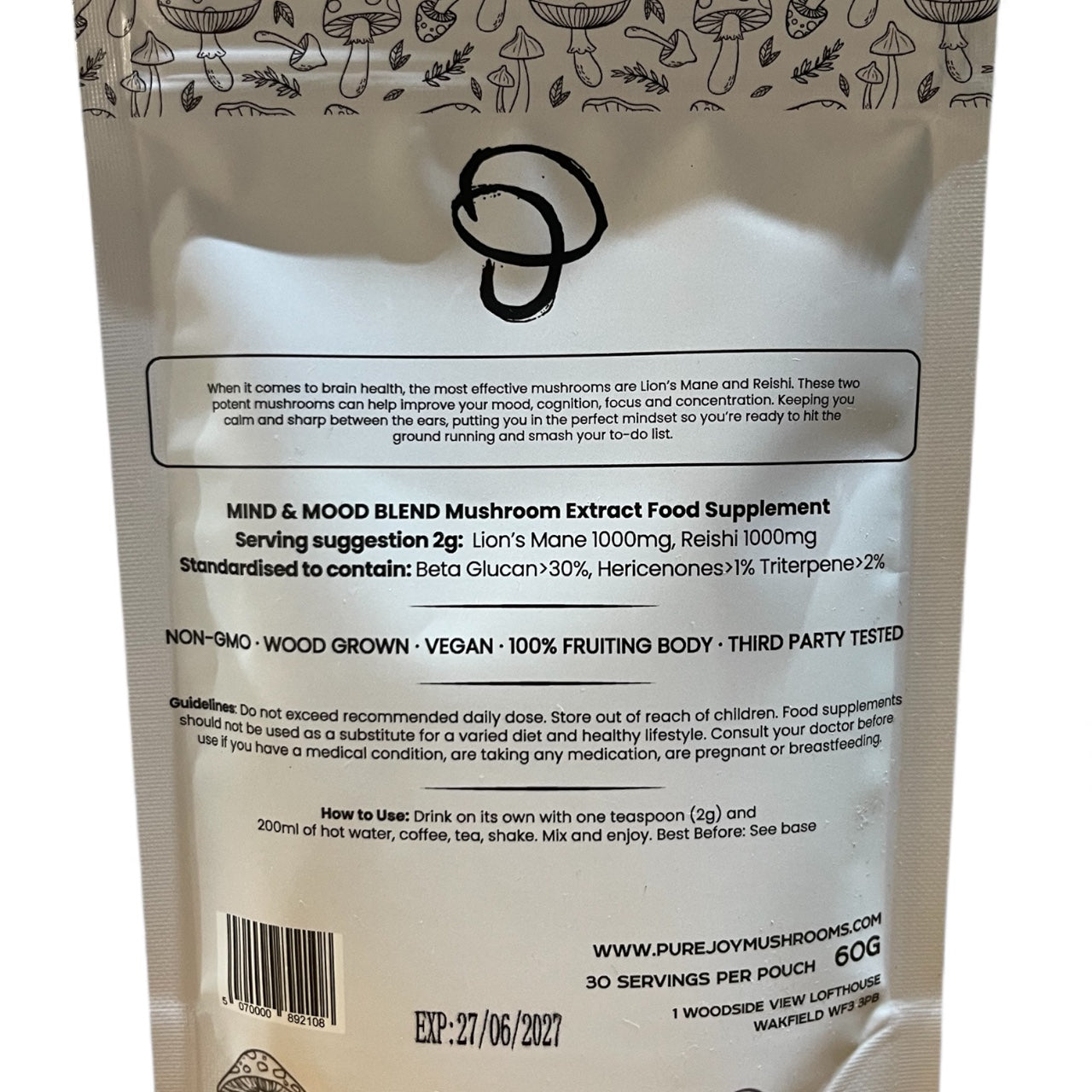 Grey package with black text of ingredients guidelines  and a barcode on a white background