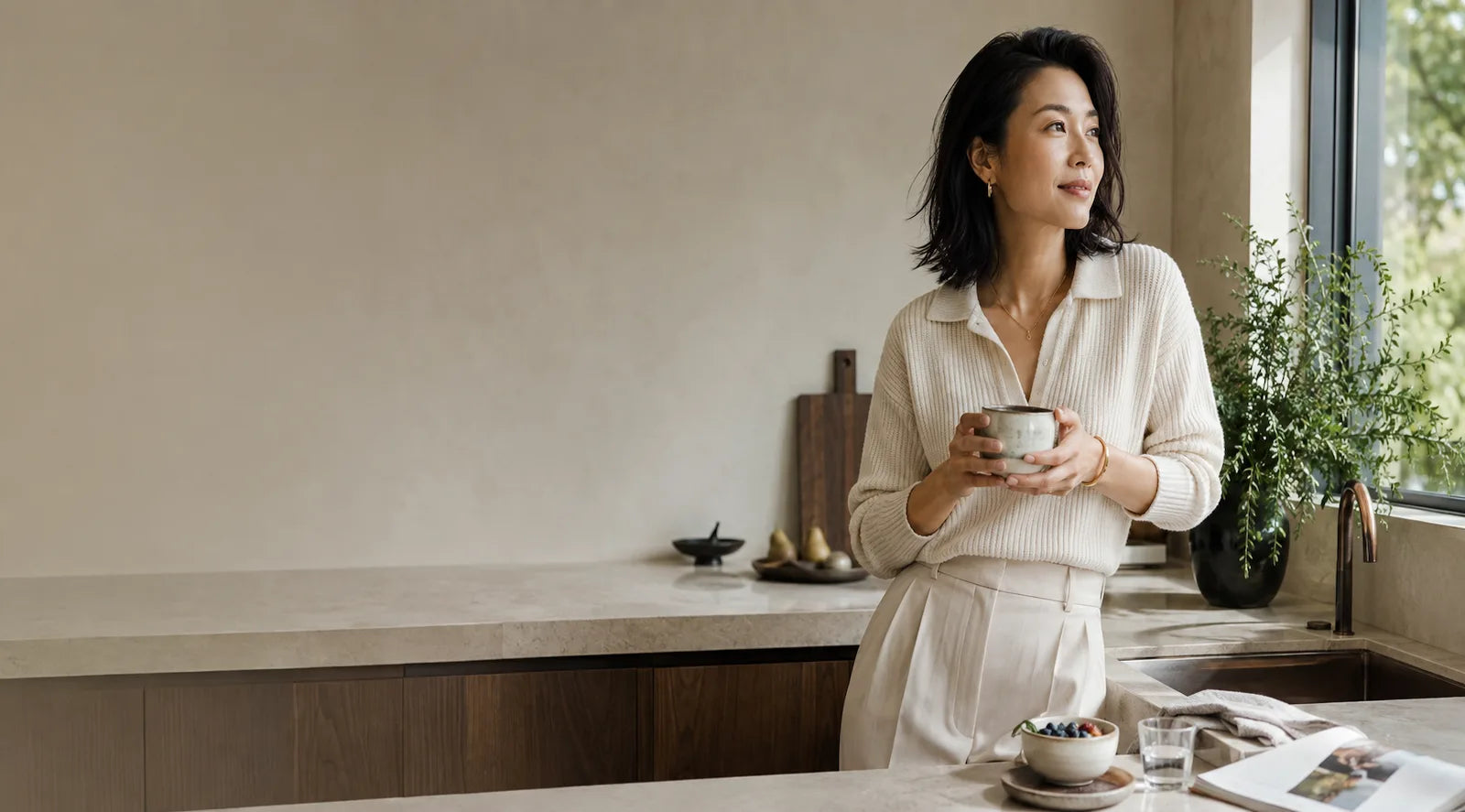 A woman in a cream ribbed collared shirt and matching skirt stands in a modern kitchen, holding a small cup and looking thoughtfully to the side.