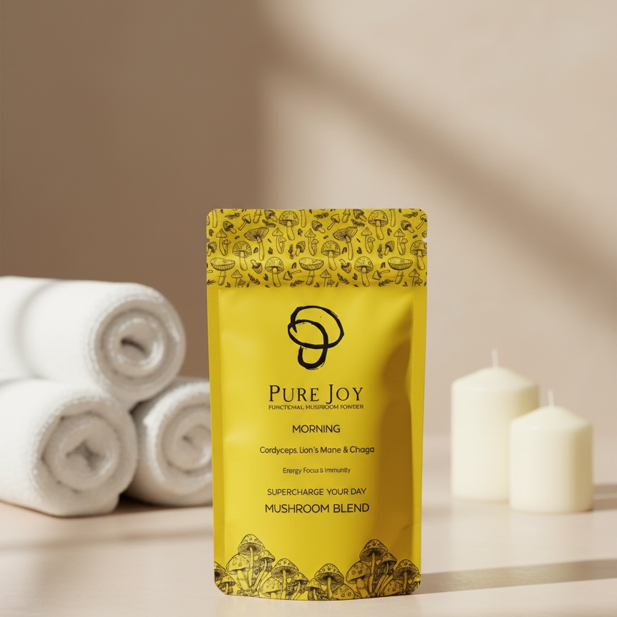 Yellow package labelled 'Pure Joy Morning Blend' on a neutral background with towels and candles.