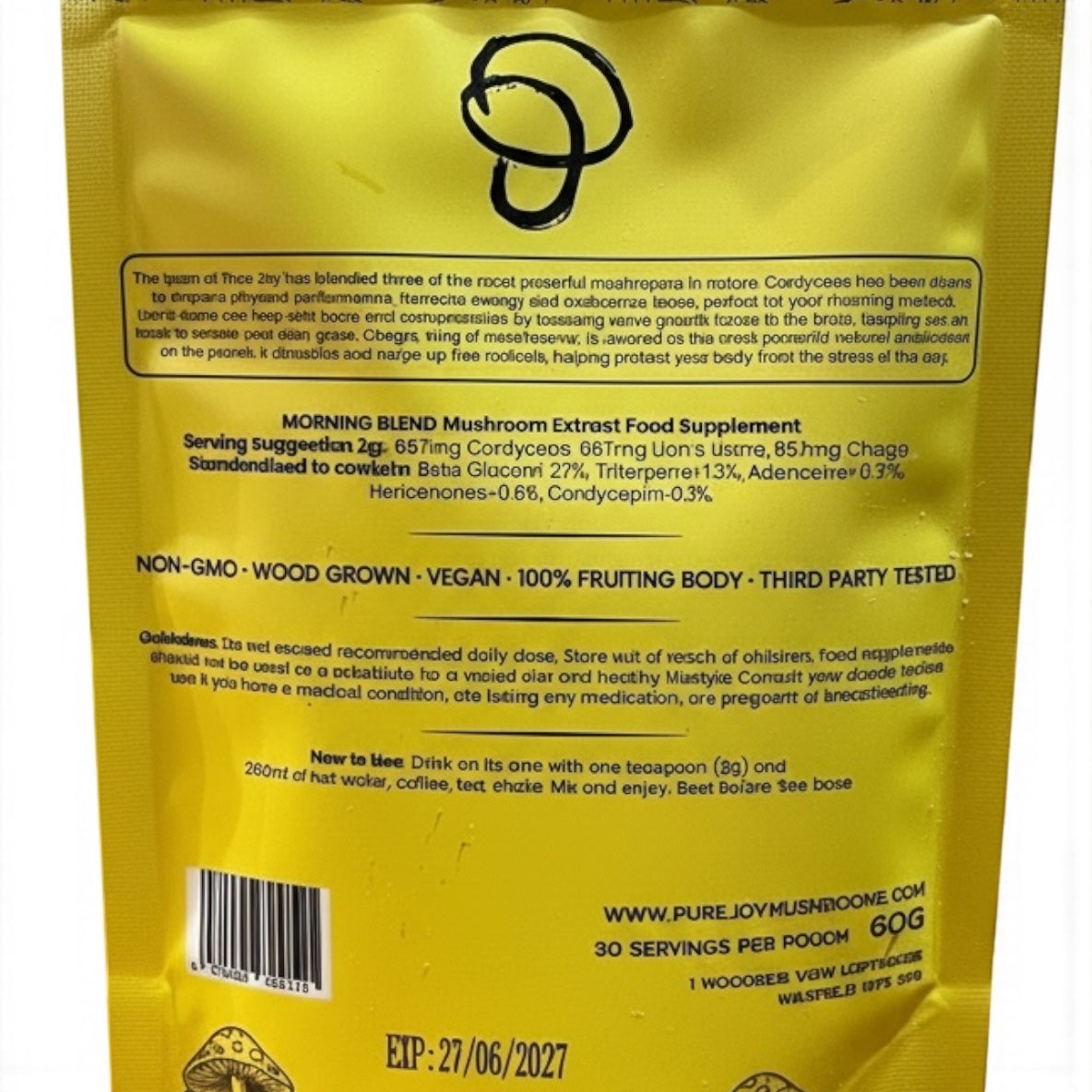 Yellow package with black text of ingredients guidelines  and a barcode on a white background