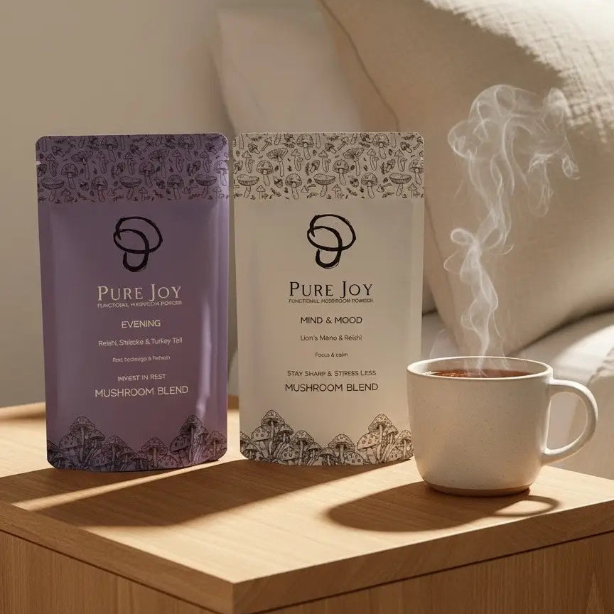 Evening Blend and Mind and Mood blend by PURE JOY Mushrooms displayed on a bedside table — night-time relaxation and sleep ritual”