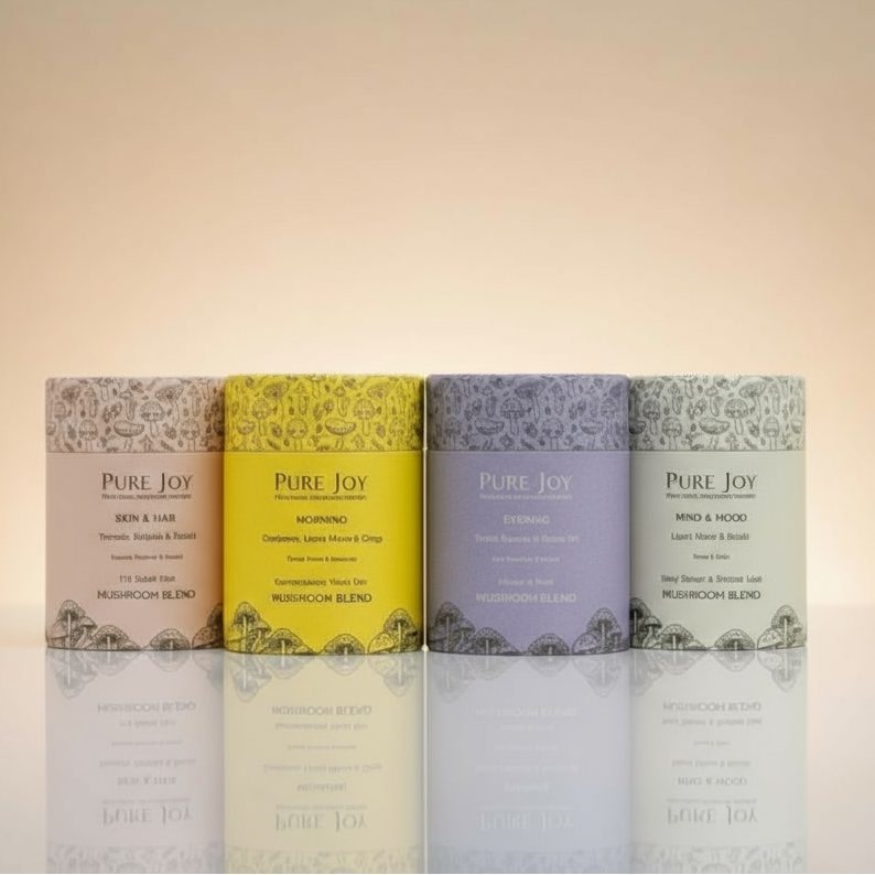 Four different coloured tubs with 'Pure Joy' branding on a neutral background