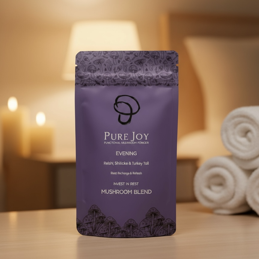 Purple package labeled 'Pure Joy Mushrooms Evening Blend on a wooden surface with a blurred background