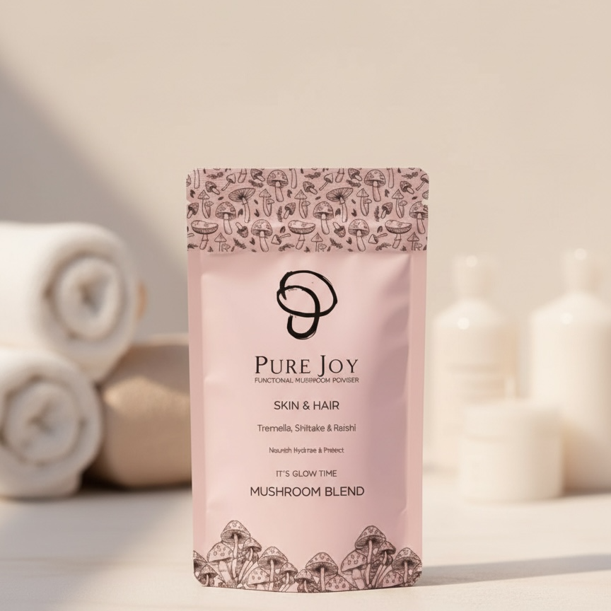 Pink packaging of Pure Joy Skin & Hair Mushroom powder product on a light background