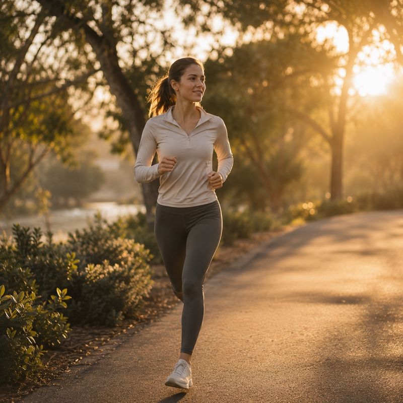 Woman running on a path in a park during sunset