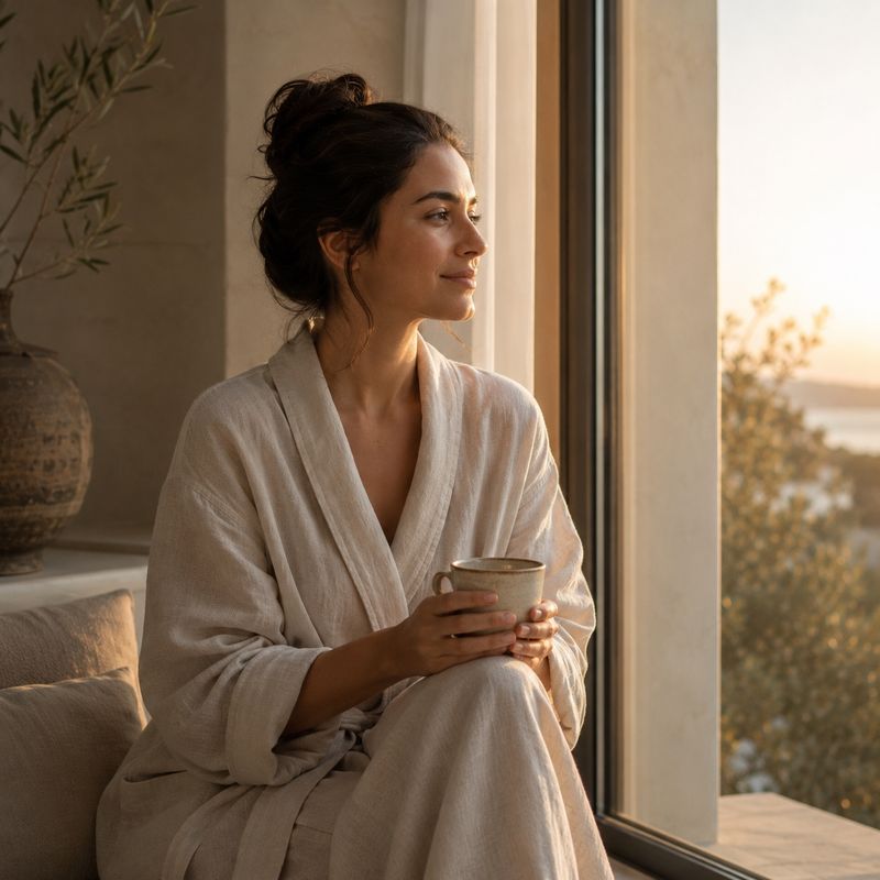 Woman in a white robe holding a mug, sitting by a window with a scenic view.