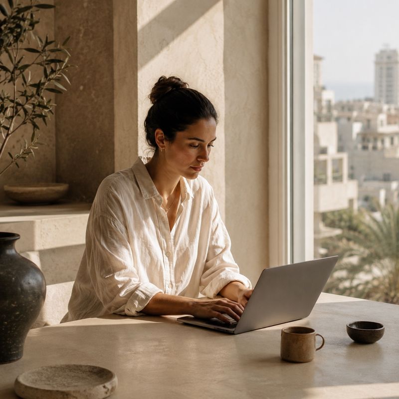 Woman using a laptop at a table with a cityscape view