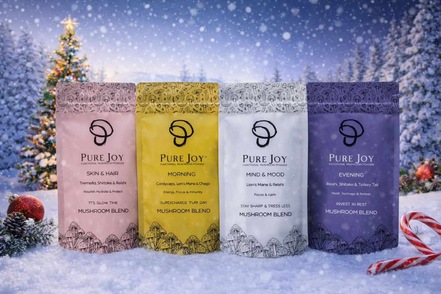 Four 'Pure Joy' mushroom blend packages in different colors with a festive background.