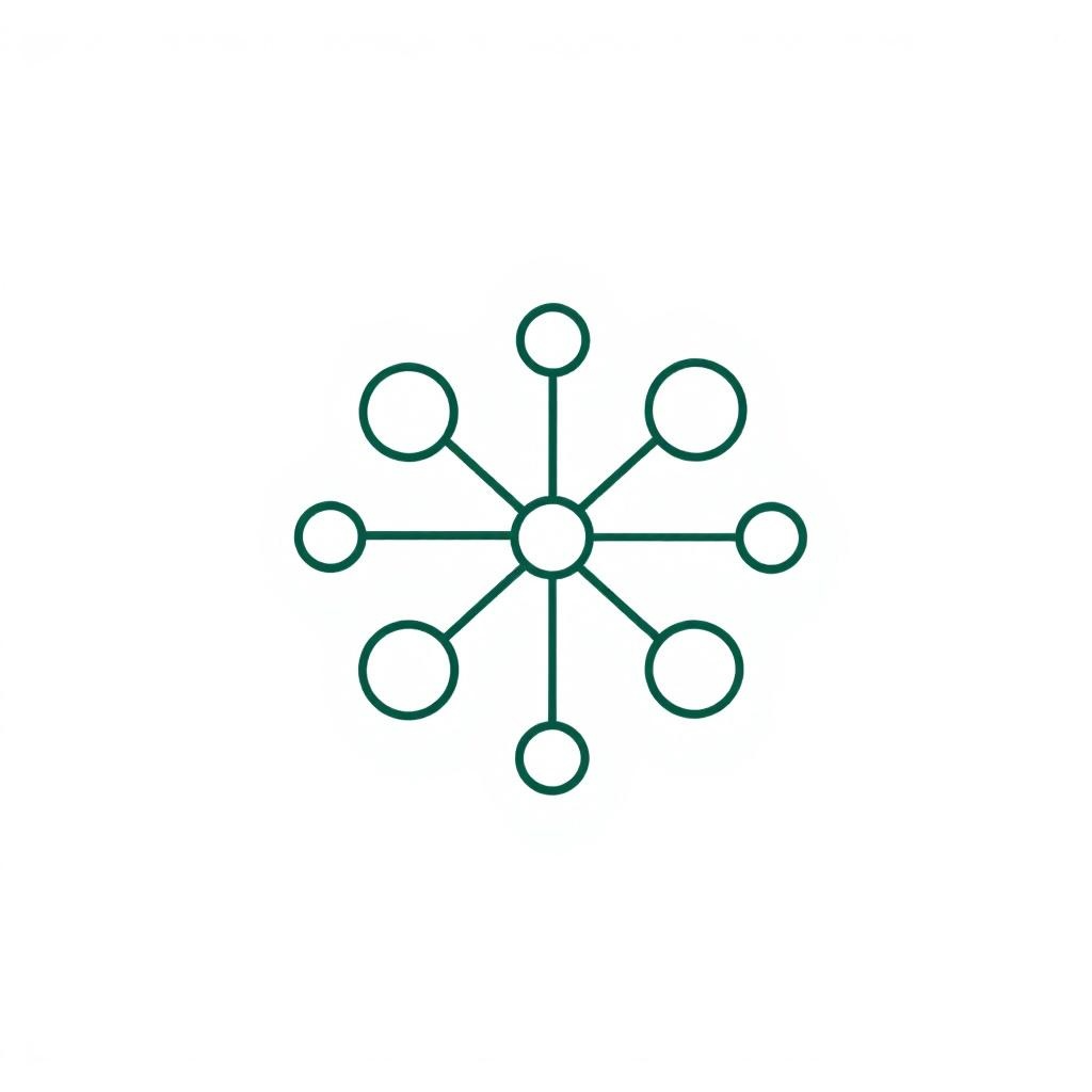Green icon of a central circle with six radiating lines on a white background